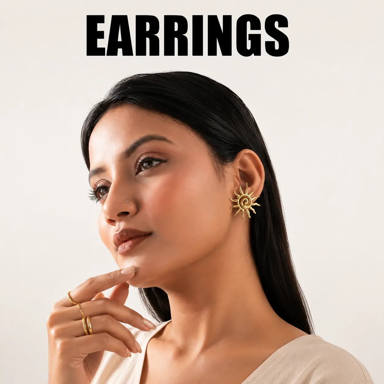 "Women's gold rings collection featured on a Korean-Indian mixed fashion model with minimalist luxury jewelry styling.