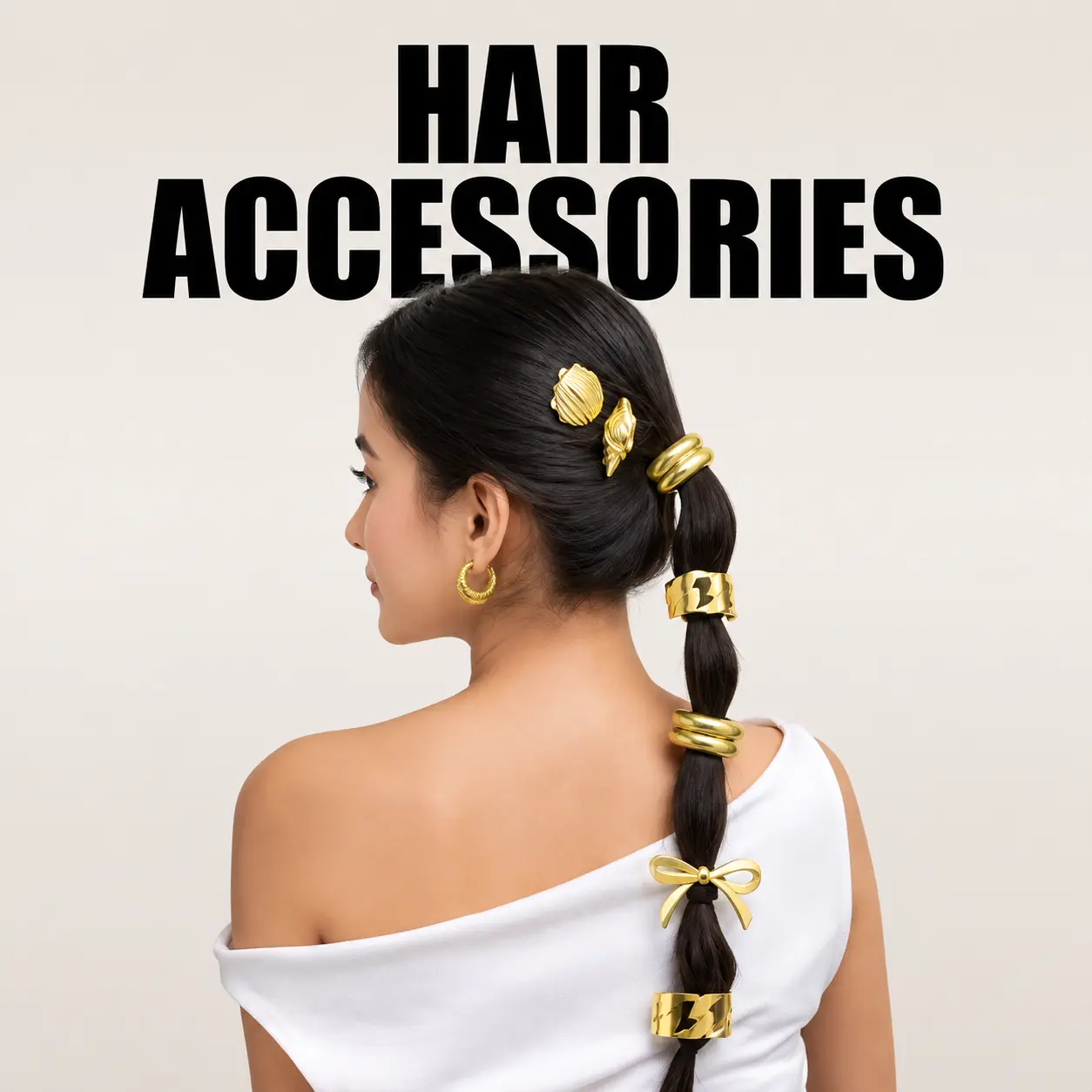 Beautiful Korean-inspired fashion model with a sleek long ponytail styled using elegant gold hair accessories, showcased in a minimalist white studio background.