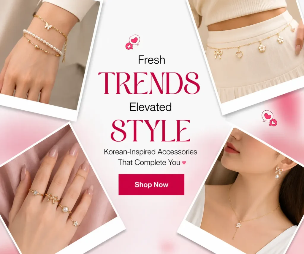 Latest Korean-inspired jewelry collection showcasing minimalist rings, layered bracelets, trendy charm waist chain, delicate earrings, and dainty necklace in a premium fashion collage