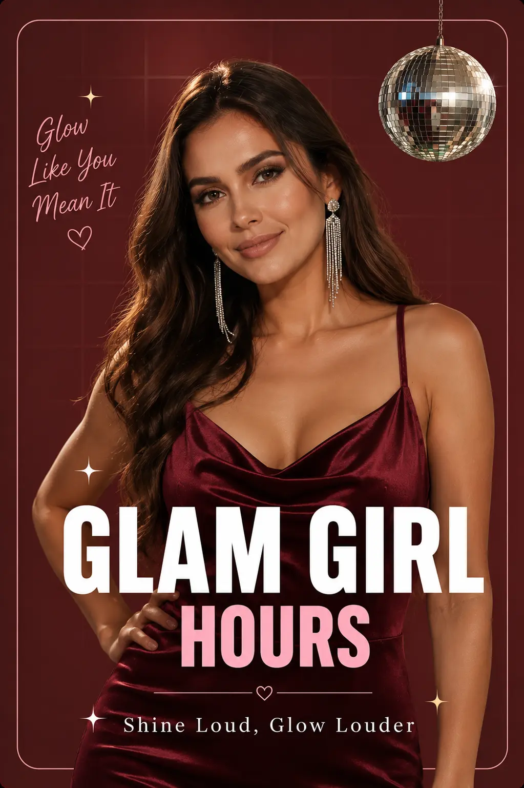 Luxury evening fashion featuring a woman in a burgundy satin slip dress with sparkling crystal earrings, glamorous makeup, disco-inspired backdrop, and modern party style aesthetic.