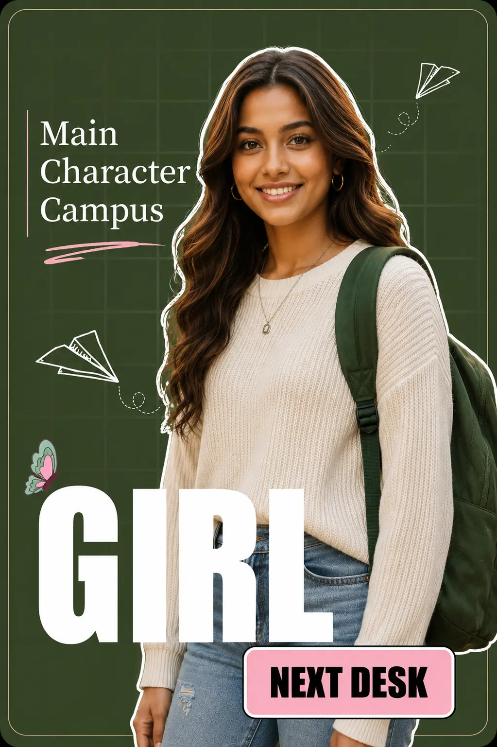 Modern campus fashion poster featuring a smiling female college student in a cream sweater, blue jeans, and green backpack with white outline, olive green background, Main Character Campus typography, casual student style, and trendy Gen Z aesthetic