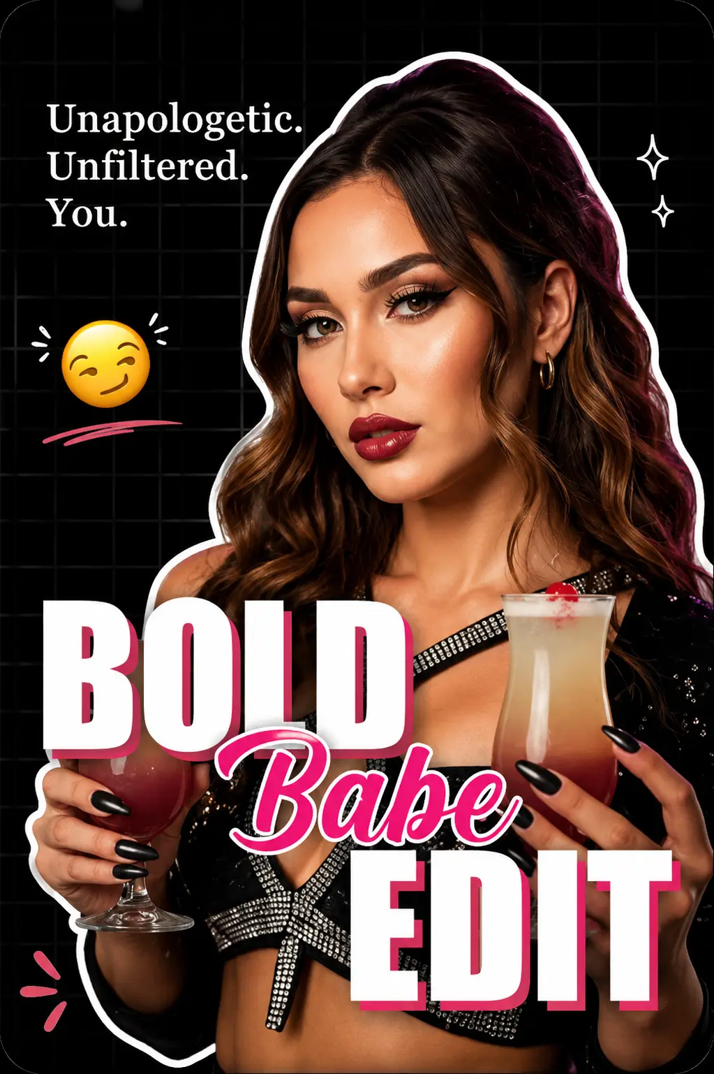 Stylish evening fashion featuring a glamorous brunette model in a black embellished party top holding cocktails, showcasing a bold nightlife-inspired editorial aesthetic with modern typography